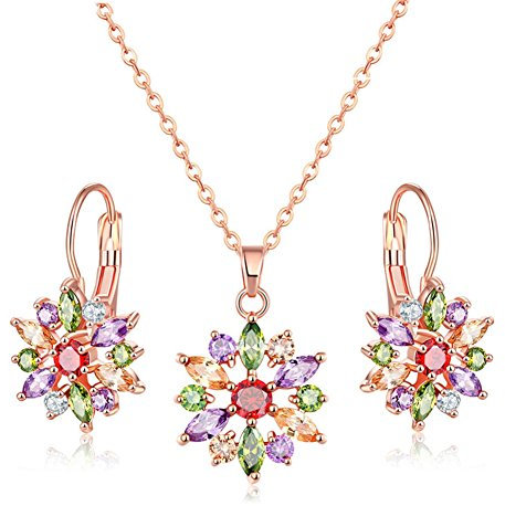 Josfeva Damen Schmuckset, Blume Halskette & Creolen Ohrringe Set, Rosegold Schmuckset mit Mehrfarbig Zirkonia, Halskette mit 48cm Kette & Blume Anhänger Creolen Bunte Ohrhängend mit Geschenkbox