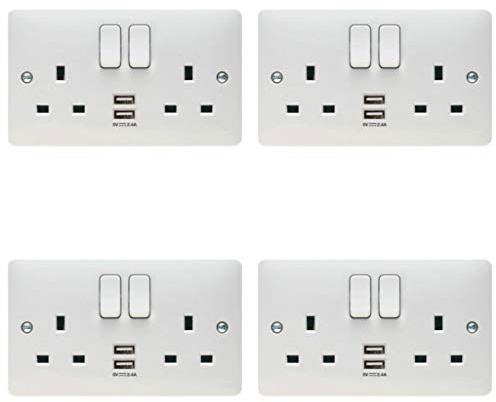 Pack of 4 x Hager WMSS82USB 'Sollysta' Switch Sockets Outlet 13 Amp with 2 x USB Sockets
