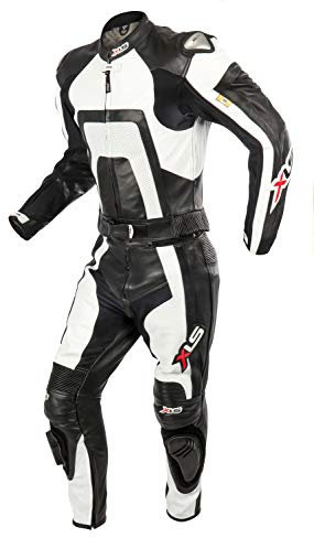 XLS Tuta da moto in pelle, 2 pezzi, colore nero/bianco (50)