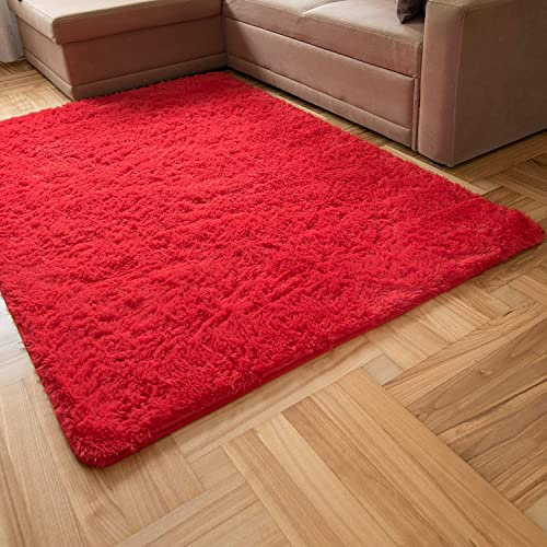 Carpeto Rugs Shaggy Teppich Wohnzimmer Flauschig - Wohnzimmerteppich Modern - Flauschiger Kuschelteppich Hochflor - Weich Langflor Teppich Kinderzimmer, Schlafzimmer - Rot - 140 x 200 cm