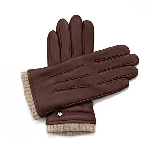 Hand Gewand by Weikert Lederhandschuhe aus Hirschleder mit Kaschmirfütterung, mit warmer Strickstulpe, Herren Hirschlederhandschuhe, warm gefüttert, Cognac/braun