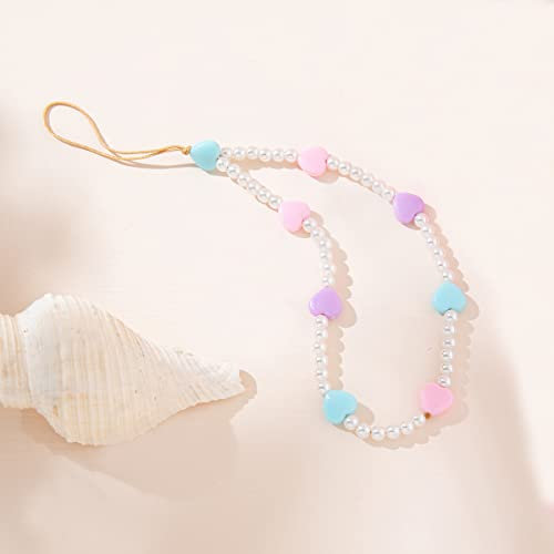 Universale Bead Handykette,Bunte Acryl Liebe Herz Perle Telefon Lanyard Telefonkette Telefongurte Handschlaufe Handgelenkschlaufe Perlen Kette Handyanhänger Taschenanhänger Schlüsselanhänger,Bunt