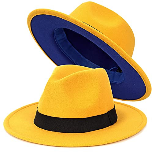 FADACHY Trendige Fedora-Hüte für Damen und Herren, breite Krempe, Filzhut, Kleid, Panama-Hut, zweifarbig, Fedora, Ein gelb-blau, Large