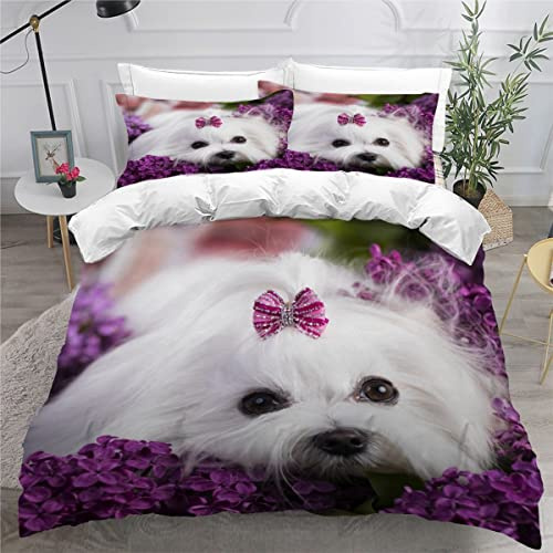 ZLKEJI Bettwäsche Set Maltesischer Hund Bettwäsche 135x200cm Tierisches Haustier Bettbezug Set Lustiges Tier 3D Bedruckte Betten Set für Kinder Jungen Mädchen Tier Thema Raumdekor Kuschelig