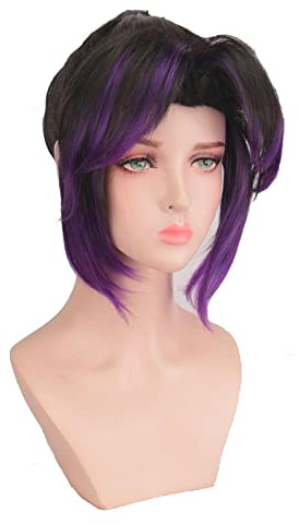 PUYYDS Anime Demon Slayer Kimetsu no Yaiba Kochou Shinobu Perücke Cosplay Kostüm Frauen Hitzebeständige Kunsthaarperücken + Kostenlose Perückenkappe