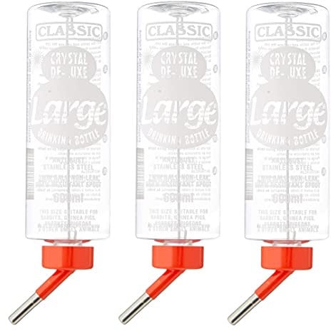 3 PACK 600ML CLASSIC WATER BOTTLE FOR SMALL ANIMAL RABBIT HUTCH CAGE WATER FEEDER, CLEAR