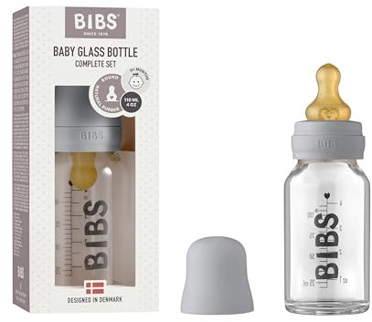 BIBS Baby Glass Bottle, Vermindert Koliken, Runder Sauger aus Naturkautschuklatex, Unterstützt das Stillen. Hergestellt in Dänemark, Complete Set - 110 ml, Cloud
