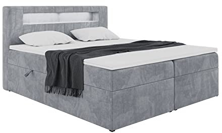 MEBLINI Boxspringbett mit Bettkasten - Bett mit LED Kopfteil - Gepolstert Doppelbett mit Matratze und Topper - Polsterbett mit Stauraum - Stauraumbett - ASPIN - 160x200 - H4/Grau Samt