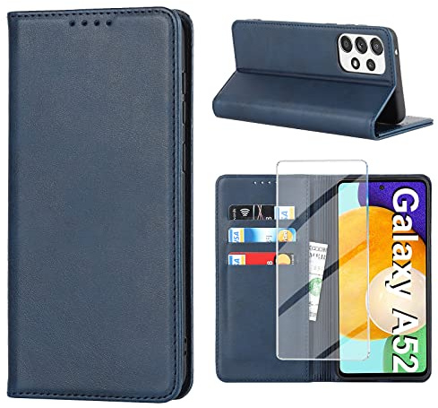 Handyhülle für Samsung Galaxy A52S 5G Hülle mit Panzerglas Schutzfolie, Schutzhülle A52/A52S Leder Wallet Kartenfach Standfunktion Stoßfest Klapphülle Hüllen Galaxy A52S 5G Case Cover (Blau)