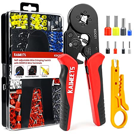 KAIWEETS Crimping Tools Set,Ferrule Crimping Tool 0.25-10 mm²(AWG 23-7) with 1200PCS Terminal Connector Sleeves,Self-Adjustable Ratchet Wire Crimping Tool,Crimping Connectors Wire End Ferrules