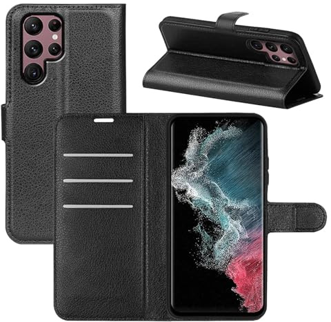 betterfon | Wallet Case Hülle Handy Tasche Handyhülle mit Magnetverschluss/Kartenfächer für Samsung Galaxy S23 Ultra in Schwarz