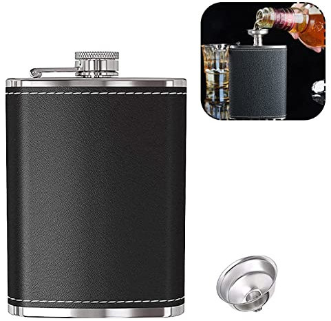 Black Stainless Steel 8oz Leakproof Whiskey Flask with Leather Cover, Portable Pocket Flask for Men Gifts Bar Party Drinking