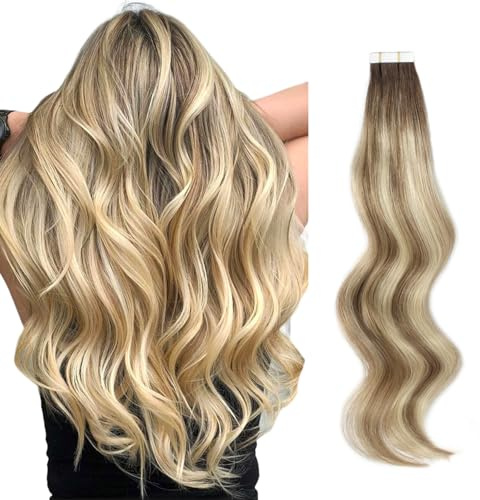 ABH AMAZINGBEAUTY HAIR Tape in Hair Extensions Highlighted, Semi-permanent Pre-taped Double Sided Rooted Highlight 22 Inch 50G, Ash Brown-Beach Blonde with Dark Brown Root R3-8-613