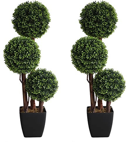 Künstlicher Formschnitt-Kugelbaum für den Außenbereich, 91 cm, dreifache Kugel, Buchsbaumbäume (2 Stück), künstliche Sträucher, Pflanzen, Topfpflanzen, dekorativ, für Innenveranda oder Garten (88,9