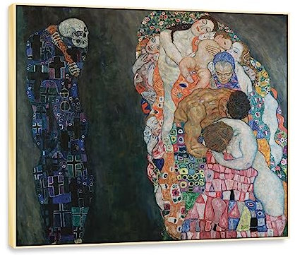 QSX Gustav Klimt Berühmte Gemälde Reproduktion: Tod und Leben. Symbolismus Leinwanddrucke Wandkunst für Wanddekoration 90x110cm Goldgerahmt