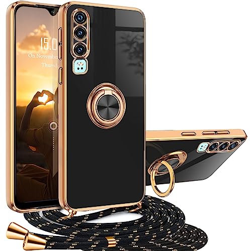 XCYYOO Handykette Huawei P30 Hülle mit Band Huawei P30 Handyhülle mit 360 Grad Ring Ständer Luxuriös Galvanisierte Kratzfest Schutzhülle Silikon Slim Bumper Stoßfest Dünn Hülle mit Kette