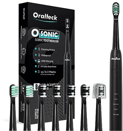 OSONIC Elektrische Schallzahnbürste, Lieferumfang: 8 Bürstenköpfe, 5 Nutzungsmodi, Aufhellung in 2 Wochen, 2 Min. Timer, IPX8, geeignet für Erwachsene und Kinder, USB-Ladebatterie, Schwarz