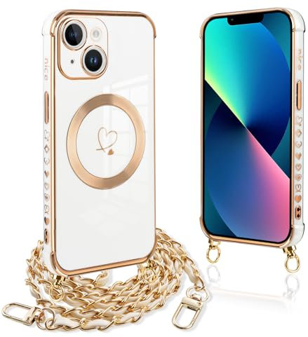 Pnakqil Coque Magnétique pour iPhone 13 Con Cordon, Compatible avec MagSafe, Silicone Housse avec Motif Coeur d'amour Collier Lanyard, Antichoc Etui pour iPhone 13 6.1 Pouces, Chaine-Blanc Or