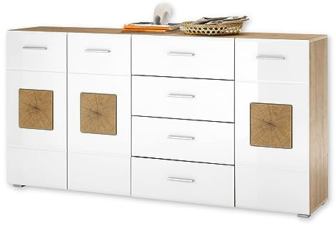 GEORGIA Sideboard in Weiß, Artisan Eiche Optik mit Hirnholz-Applikationen - Moderne Kommode mit Schubladen und viel Stauraum - 180 x 92 x 38 cm (B/H/T)
