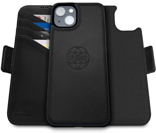 Dreem Fibonacci kompatibel mit iPhone 15 Plus Brieftaschen-Etui / 2-in-1 stoßfestes Etui und abnehmbares Folio aus veganem Leder, MagSafe-kompatibel, RFID-Schutz [Schwarz]