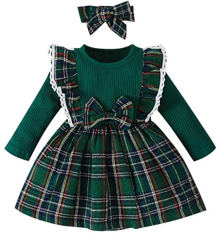 Baby Little Girls Christmas A-line Dress with Headband Red Green Plaid Pattern Toddler Kids Cute Bowknot Midi Dress Party New Year Thanksgiving