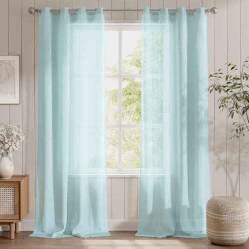 TOPICK Blau Stores Gardinen mit Ösen Extra Lange Küche Wohnzimmer Schlafzimmer Junge Kinderzimmer Vorhänge Transparent Durchsichtig Voile Landhausstil Modern 2er Set 145H x 140B (cm)
