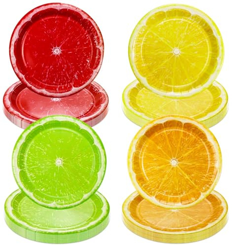 PTECDROTS Lot de 80 assiettes en carton jetables en forme de tranches de citron, 22,9 cm, assiettes à dessert jetables pour fruits tropicaux, décorations de fête au citron