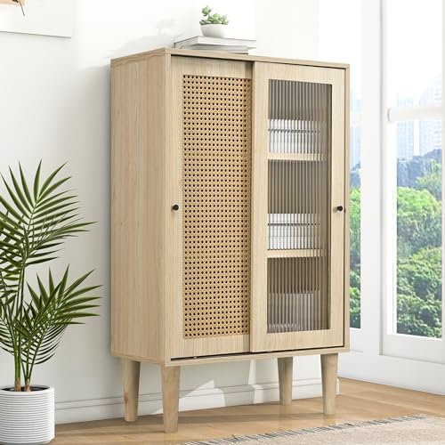 Merax Holz Sideboard mit Kunststoff-Rattan und Glas-Schiebetüren – 6 Fächer für stilvolle Aufbewahrung Holzfarbenes (60 x 40 x 100 cm)