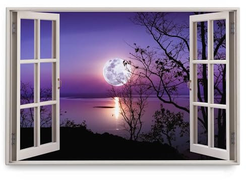 Paul Sinus Wandbild 120x80cm Fensterbild Vollmond Nacht See Natur Mond Nachthimmel