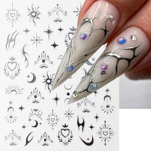 Laser Silver Nail Art Sticker Decal Vintage Sun Moon Butterfly Design Nail Decals 3D Self-Adhesive Love Heart Flowers Flame Stars Nail Art Sticker Decoration for Women Manicure Supplies (6Sheets)