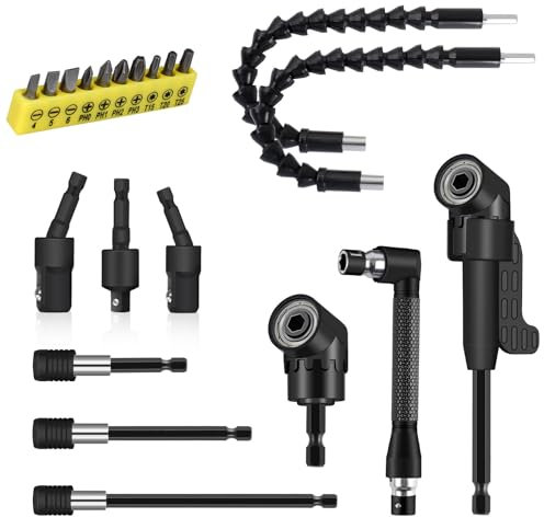 21-teiliges rechtwinkliges Bohreraufsatz-Set beinhaltet 2 flexible Bohrerverlängerungen, 3 Stück, 360° drehbar, 1/4 3/8 1/2 Zoll Schlaggrad-Stecknuss-Adapter, 3 Bohrerhalter, 10 kurze