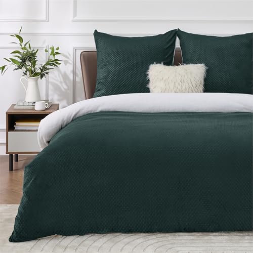 BEDSURE Flauschige Bettwäsche 200x200 Dunkelgrün - Winter Bettbezug Fleece mit 80x80 cm Kissenbezug, Warme Bettwäsche-Sets mit Reißverschluss, Kuschel Waffelpique Winterbettwäsche für Doppelbett
