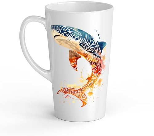 Dropful Kaffeebecher Latte Elegant Ich mag weiße Keramik Haie - 483 ml, Clean Design, Ideal für Kaffee Amateure