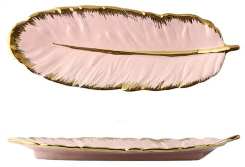 Disoza Schmucktablett Feder Dekoschale Schmuck Deko Tablett Keramik Schlüssel Ablageschale Teller Speiseteller Desserttelle Porzellan Schlüsselschale Flur Schlüsselablage (37 * 12.5 * 3.5cm)