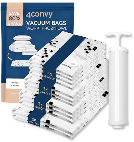 4CONVY Sacchi sottovuoto per piumoni vestiti coperte e biancheria da letto – 12 Pezzi buste sottovuoto - Sacchetti sottovuoto riutilizzabili - Sacco sottovuoto spesso con pompa manuale