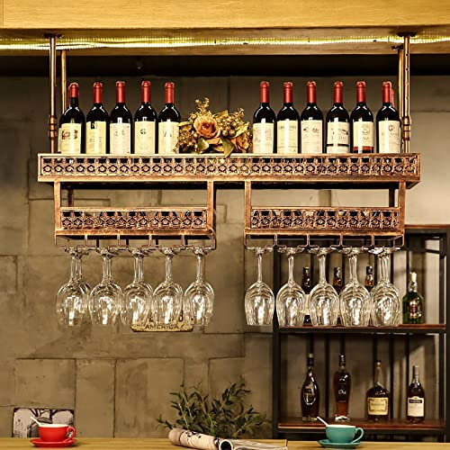 IBOWZ Deckenregal Decken Weinregal Deckenregal, höhenverstellbar, 2-lagiges Industrieregal, Kelch-Stielglas-Halter, für Restaurants/Bars/Home Dekoratives Lagerregal