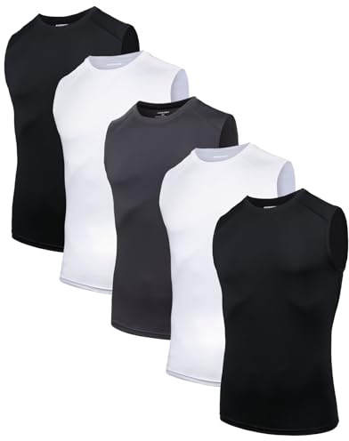 AMZSPORT 5er Pack Herren Tank Top Atmungsaktiv Kompressionsshirt Funktionsshirt Laufshirt Ärmelloses Unterhemd für Sport, Gym, Fitness und Running