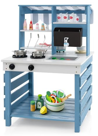 HOMASIS Matschküche Kinder Outdoor, Spielkücheset aus Tannenholz, doppelseitige Kinderküche mit Waschbecken & Wassertank & Herd, Spielzeugküche inkl. 6 Kochgeschirr für Kinder ab 3 Jahren