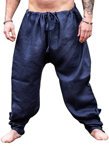 Leonardo Carbone® Wikinger Leinenhose Herren Wodan - Herren Hosen, Leichte Sommerhose Herren, Festival Outfit, Wikinger, Mittelalter Kleidung, LARP, Cosplay, Freizeithose - 100% Leinen Dunkelblau S