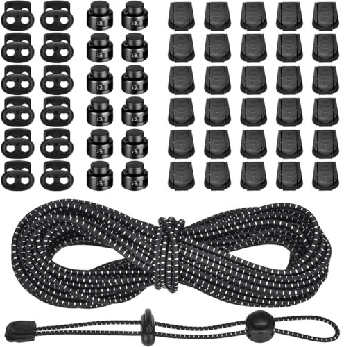 XHTXHT Cuerda de Goma elástica de 10m x 3mm,Cordón Elástico de Goma Redonda Cordón de Goma Elástico con Tapón de Cordón y Abrazadera de Cordón,cordón de Goma para cordón,Mochila, Ropa (blanco y negro)
