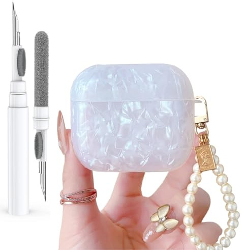 Olytop Schutzhülle für Airpods 4 mit Glitzerstift, Muschelmuster, für Apple Airpods 4. Generation, mit luxuriösem Perlen-Schlüsselanhänger, Weiß