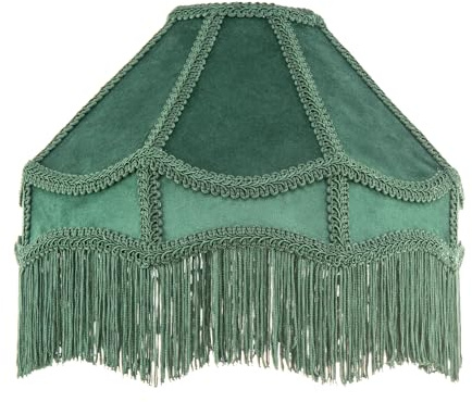 Handmade Victorian Empire Pendant Lamp Shade in Soft Forest Green Velvet with Embroidered Trims and Tassels | 30cm x 19cm | for Pendant Floor or Table Lamp by Happy Homewares