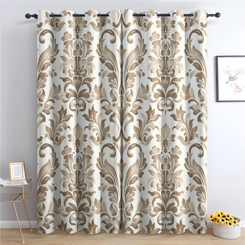 zcwl Vintage Blumen Beige Vorhänge, Barock Verdunklungsvorhänge mit Ösen, Vorhang Blickdicht für Wohnzimmer Schlafzimmer Dekoration, Gardinen mit Muster, 2er Set, 160 x 132 cm (HöhexBreite)