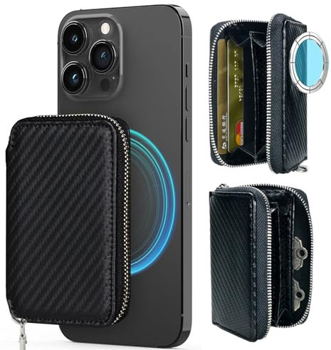 Strong Magnetic for MagSafe Wallet Pouch/Pixelsnap, Carbon Fiber Leather Zipper Pocket Large Capacity for Earpod/Samll Earphones/Keys, RFID Blocking Card Slot for iPhone 17 16 15 14 Pro Max Plus