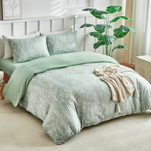 Tokokimo - Juego de cama de 4 artículos, funda nórdica de 240 x 260 cm, sábana bajera de 160 x 200 cm y 2 fundas de almohada de 65 x 65 cm de microfibra, dibujo de flores pintado a mano, verde salvia
