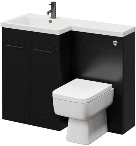 Napoli Combination Matt Black 1100mm Vanity Unit Toilet Suite with Left Hand L Shaped 1 Tap Hole Basin and 2 Doors with Gunmetal Grey Handles