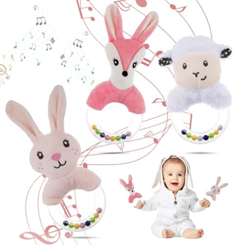 HAGOT 3PCS Baby Soft Rattle Sensory Toys, Baby Rattle Toys 0-12 Months, Newborn Baby Rattle, Teething Ring Plush Toy for Infant Toddler Baby Boys Girls Gift
