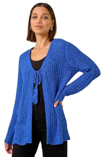 Roman Originals Tie Front Knit Cardigan for Women UK - Ladies Everyday Holiday Spring Summer V-Neckline Comfy Soft Evening Vacation Work Party - Blue - Size 10