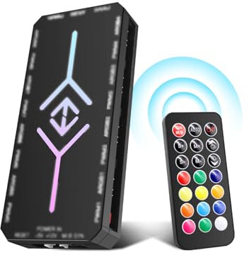 ARGB PWM Fan Hub mit Controller RUIZHI 2-in-1 ARGB Controller Hub mit 9 x 4Pin PWM Fan Connectors & 5V 3Pin Ports mit Magnetic Base und SATA Power 18 Port für RGB Beleuchtung/RGB Controller (Schwarz)