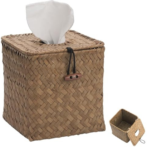 Seagrass Tissue Box, Kosmetiktuchbox, 14x14x14cm Kosmetiktücher Box, Dekorative Taschentuchboxen, Dekorative Gewebte Papierhalter, Taschentuchbox, für Restaurant Wohnzimmer Schlafzimmer, Khaki